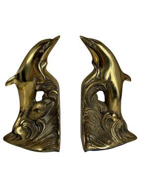 Vintage MCM Solid Brass Dolphin Bookends Ocean Nautical Themed